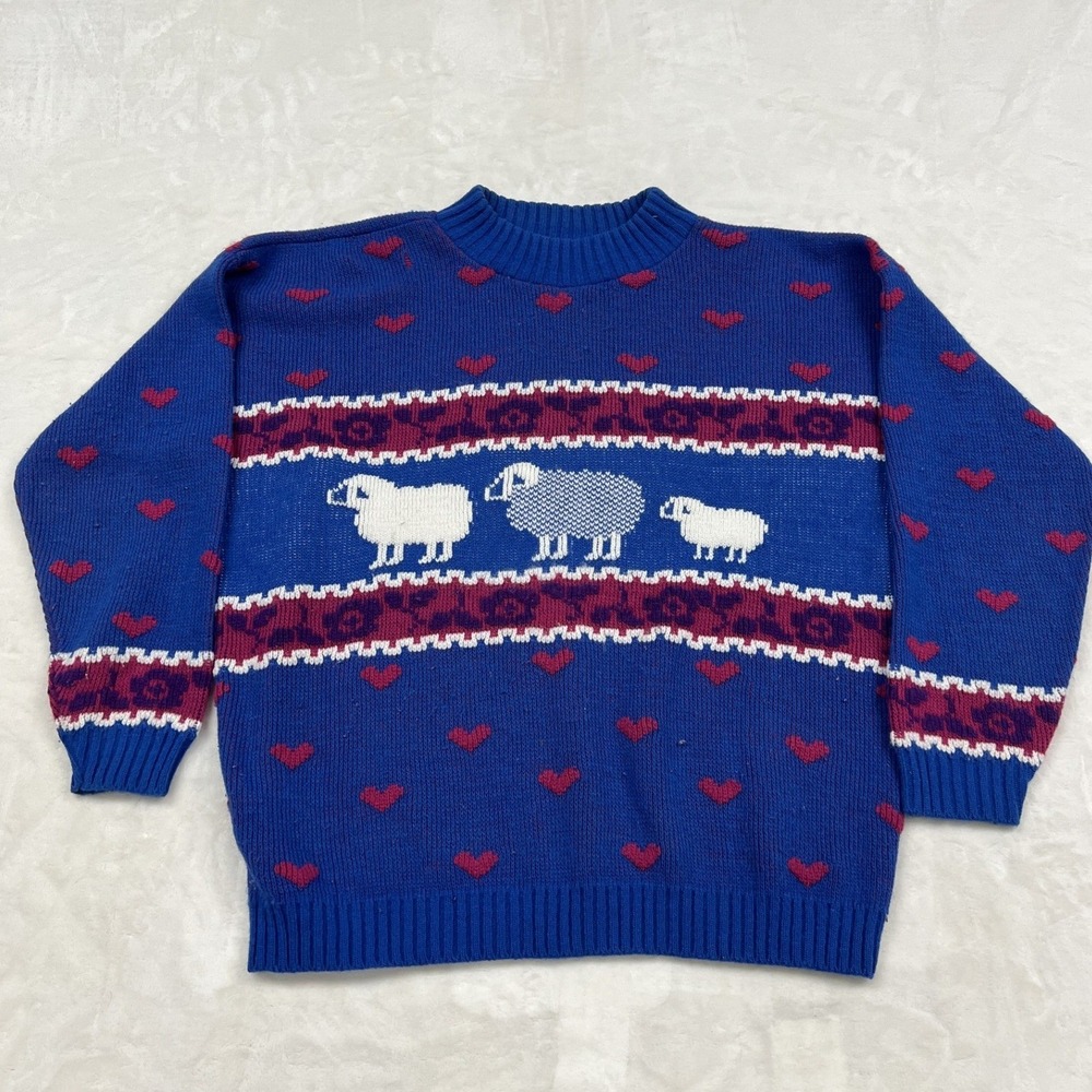 Private Eyes Sheep Heart Sweater Women Large Blue Vintage Knit Made in USA